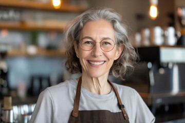 Canvas Print - A smiling woman wearing glasses and an apron in a coffee shop