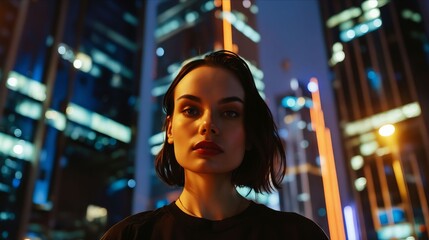 Wall Mural - A woman standing in front of a city at night