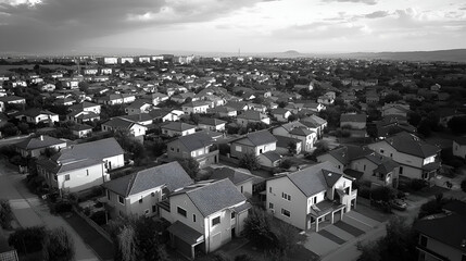 Wall Mural - Greyscale Aerial View of Town with Numerous Houses