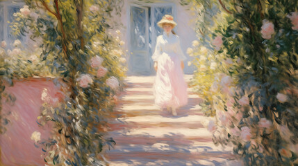 Wall Mural - Sunlit garden walkway with woman in summer attire surrounded by blossoming flowers