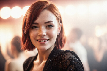 Portrait of a young attractive woman with short red hair and a bright smile having fun in a nightclub.