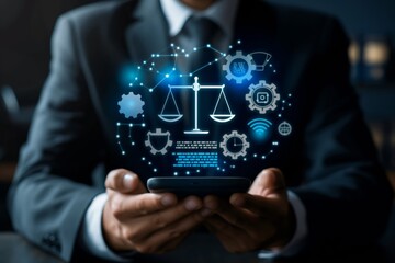 Poster - Exploring the intersection of Modern Legal Technology and Justice Symbolism in Law Practice, highlighting innovations transformative impact on legal proceedings and representation