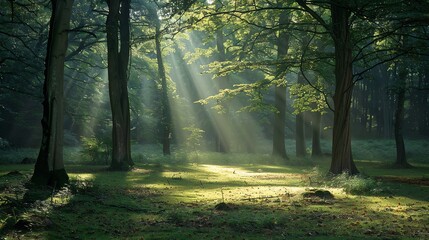 Poster - Sunlight streams through the canopy of a lush green forest.