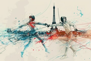 A dynamic illustration of two fencers fencing in front of the Eiffel Tower, with a red and blue color palette. A detailed ink sketch with splashes of paint in the style of Robby. white Background