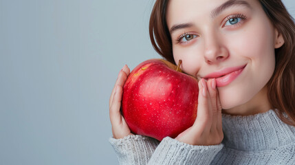 Smiling woman holding red apple on gray background with space for text.