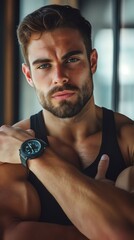 A man with a beard wearing a black tank top and a watch