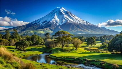 Majestic Mount Taranaki, also known as Mount Egmont, stands tall in New Zealand's lush green landscape, its snow-capped peak glistening against a bright blue sky.