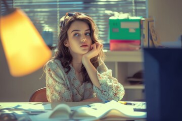 Poster - portrait of young woman at desk in an office