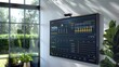 © UMAR SALAM - A detailed energy management interface displayed on a large wall-mounted screen, showing solar energy production and storage statistics.