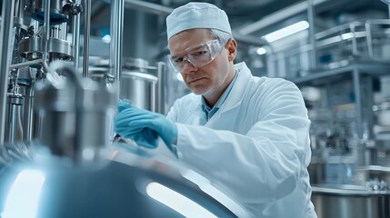 hyper-detailed scene of a middle-aged engineer performing quality checks in a pharmaceutical factory