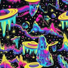 Wall Mural - psychedelic neon space landscape with mountains and planets