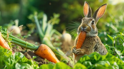 Poster - A brown rabbit with big ears eats a carrot in a garden.