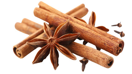 Anise star and cinnamon sticks on transparent background