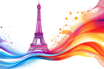 Wall Mural - Watercolor Aesthetics of the Eiffel tower with colorful wave in the background