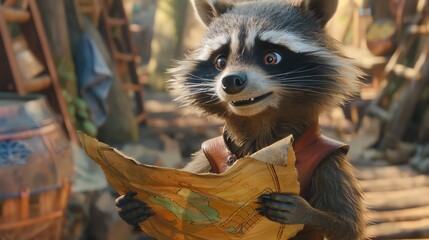 Poster - A raccoon dressed in leather holds a map in a forest.