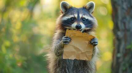 A raccoon holds a piece of brown paper in a forest setting.