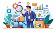 © Tida - A businessman stands confidently in front of a computer screen displaying graphs, analyzing data through a magnifying glass. The scene symbolizes data analysis, growth, strategy, and success in busine