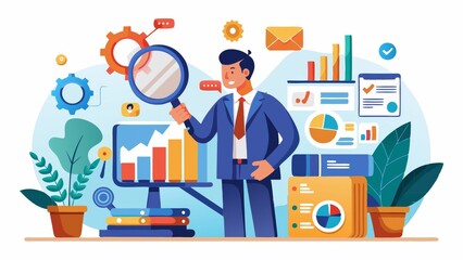 Poster - A businessman stands confidently in front of a computer screen displaying graphs, analyzing data through a magnifying glass. The scene symbolizes data analysis, growth, strategy, and success in busine