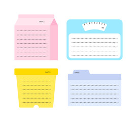 A set of cute memo pad illustrations in the shape of milk, flower pot, scale, and file. Memo, notebook, card, letter, office supplies, stationery.