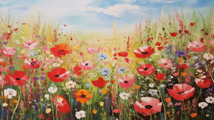 Wall Mural - Summer landscape with vibrant wildflowers in impressionist style