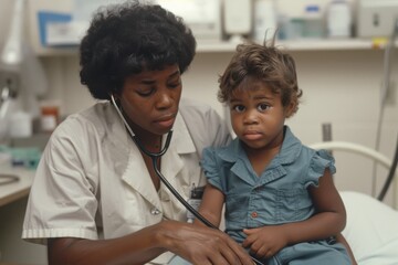 A caring nurse wearing a uniform and stethoscope attends to a young girl in a medical clinic, emphasizing the importance of healthcare and compassion in patient care.