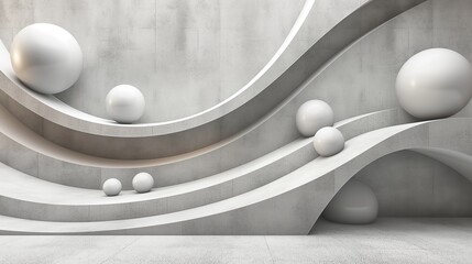 Wall Mural - A modern, abstract interior featuring curved white walls and smooth spherical shapes arranged in a minimalist design