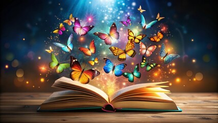 Poster - An open book on a wooden table with colorful butterflies flying out of the pages, surrounded by sparkling dust and light beams. It symbolizes imagination, knowledge, transformation, and the power of s