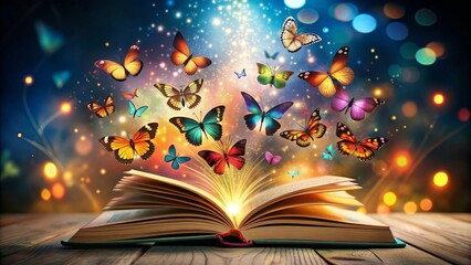 Poster - An open book with butterflies flying out of it, surrounded by colorful sparkles. The image represents imagination, knowledge, wonder, freedom, and transformation.