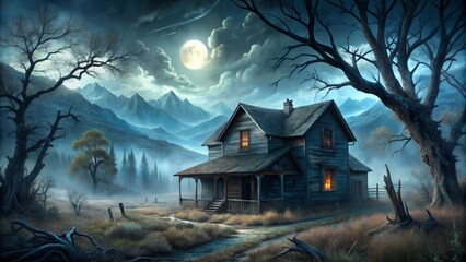 Spooky abandoned ranch house looms under full moonlight, surrounded by twisted trees and eerie fog, near ominous mountains, evoking a chilling supernatural atmosphere.