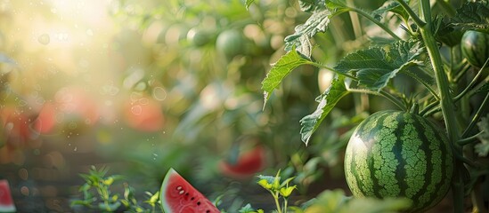 Poster - Watermelon growing on the vine in a garden with copy space image