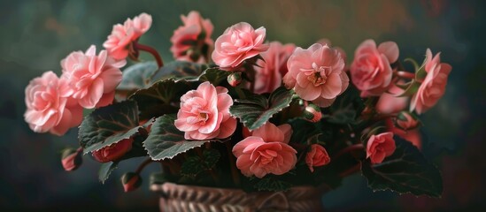 Poster - Detailed close up photograph of pink begonia flowers in a pot showcasing textures patterns and intricate details in natural light with a copy space image