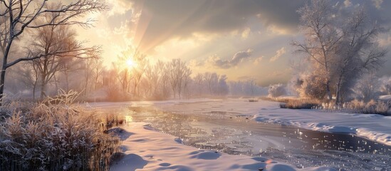 Poster - Winter landscape after a freezing rain with a bright sunshine illuminating it creating a scenic copy space image