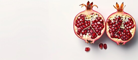 Poster - Pomegranate halves displaying seeds on a white background providing copy space image