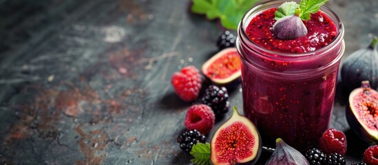 Poster - Glass jar with a smoothie made of figs and blackberries promoting clean eating with copy space image