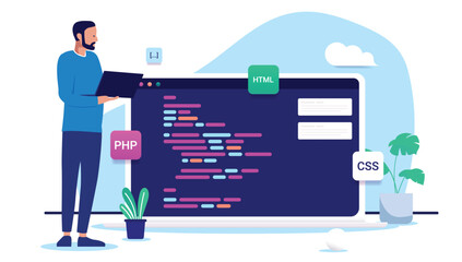 Aufkleber - Developer working on computer writing code and programming standing besides big screen with abstract language. Flat design vector illustration with white background
