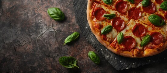 Poster - Delicious pepperoni pizza with fresh basil on a table with copy space image