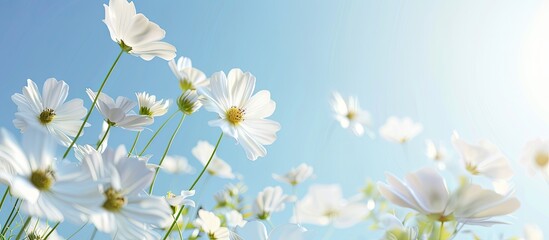 Wall Mural - White cosmos flowers against a clear blue sky in a stunning copy space image