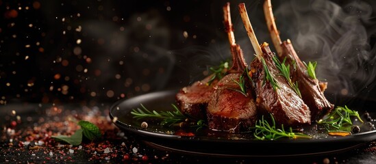Poster - A rack of lamb cooked in fragrant olive oil herbs and spices creating a mouthwatering dish with a beautiful presentation in a copy space image