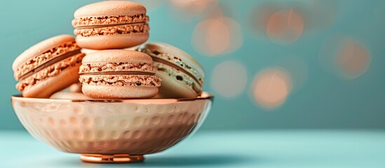 Poster - Macarons displayed in elegant copper bowls in front of a blank copy space image