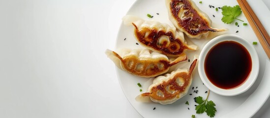 Poster - Japanese gourmet dumplings gyoza with sauce set against a blank background for a copy space image