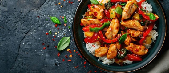 Poster - An enticing dish of chicken slices in a spicy sauce with bell peppers served alongside rice displayed elegantly in a beautiful pitch with copy space image