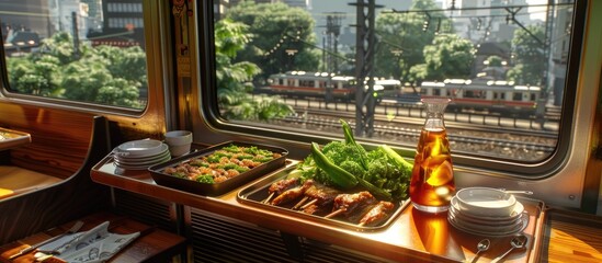 Poster - A bento box with spare ribs and green veggies is available for purchase on the train depicted in the copy space image