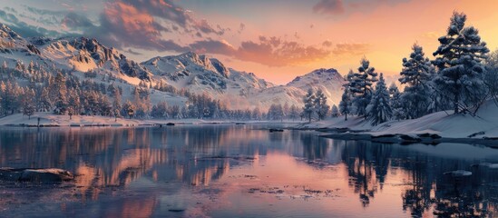 Poster - Scenic mountain landscape at sunset with snow overlooking a tranquil lake with trees reflecting in the water creating a mesmerizing view Includes copy space image