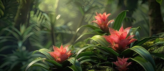 Aufkleber - Garden features a bromeliad plant with lovely pink blooms against a backdrop of lush greenery in a beautiful outdoor setting with copy space image