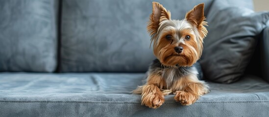 Poster - A Yorkshire Terrier dog lounging on a gray sofa with a spacious background for copy space image