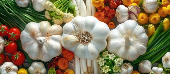 Poster - Fresh garlic and chives surrounded by a variety of colorful vegetables in a vibrant and appealing display with copy space image available