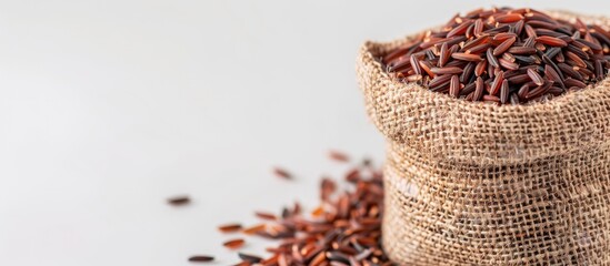 Poster - Bag of wild red rice on white backdrop with copy space image