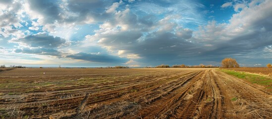 Poster - Autumn landscape with agricultural fields showcasing grass and soil under a cloudy sky perfect for a copy space image