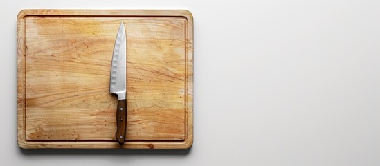 Poster - Knife resting on a cutting board with a white background perfect for adding your own content in the copy space image