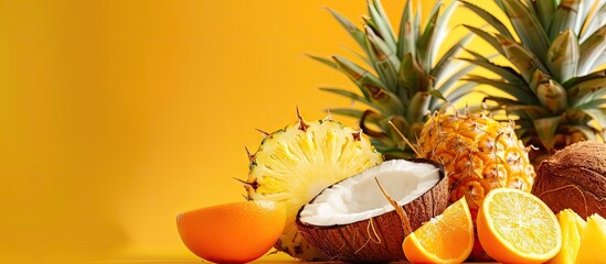 Poster - Juicy fruits like coconut pineapple and orange arranged nicely on a bright backdrop with ample copy space image